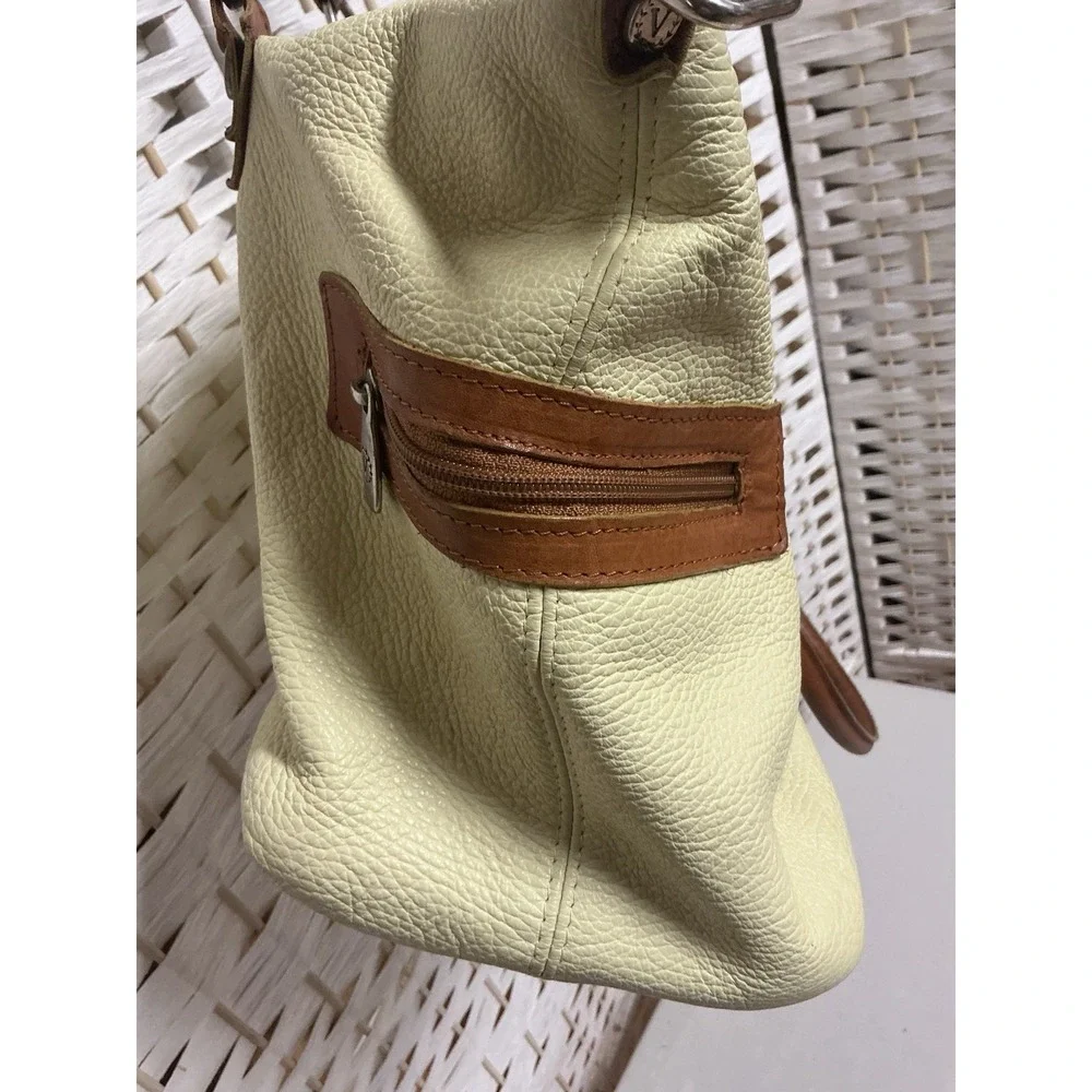 Valentina Made in Italy Yellow Pebbled Leather Handbag Brown Trim Satchel Purse